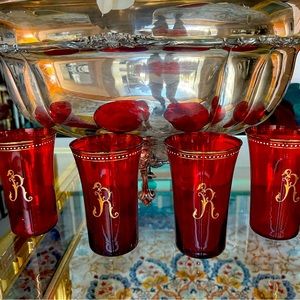 Rare Deep Red Double Gold Vintage Water/High Ball Glasses. Set of 4. Luxurious!